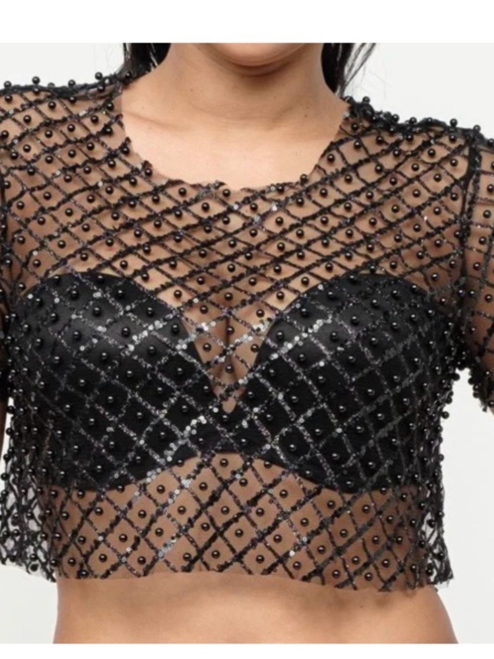 Sheer Beaded Black Crop Top